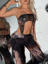 Women's Sexy Tie-Dye Mesh Splice Asymmetrical Hem Tube Top And Long Pants Set, Summer